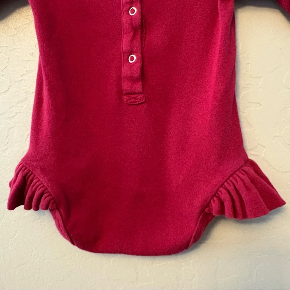 Kate Quinn dark red long sleeve cotton ruffle leg bodysuit one piece 6-12 months